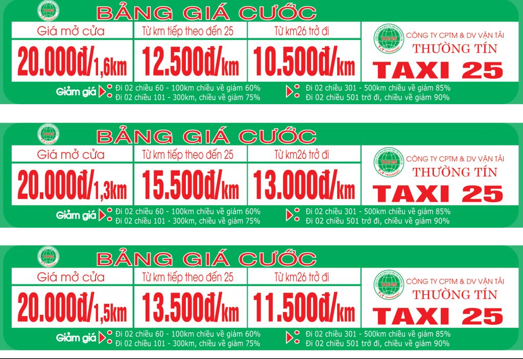 bảng giá cước taxi 25